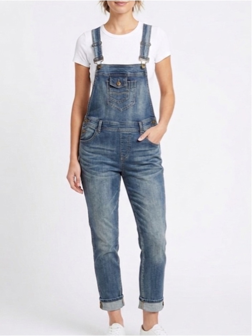 ANNA KACI New Distressed Faded Denim Jean Overalls Size Medium
